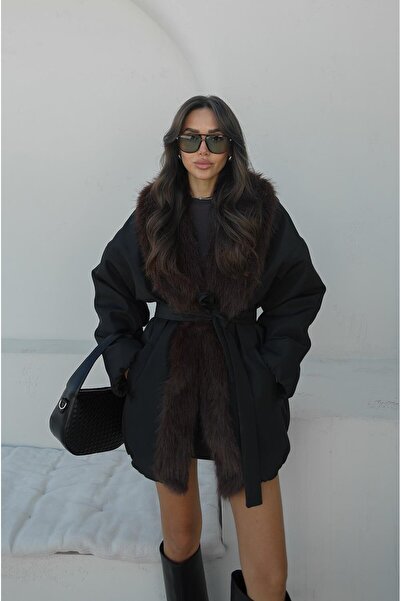 Havoş Fekete Buff galléros szőrmés öves kabát