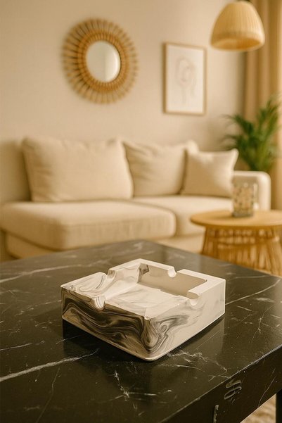SZN HOME DESİGN Stainless Concrete Marble Patterned Ashtray