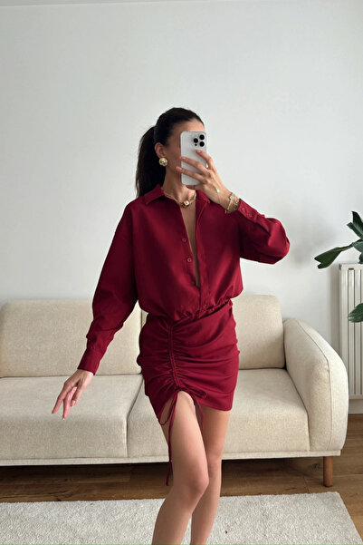 MOZENA Eteği Büzgülü Mini Gömlek Elbise