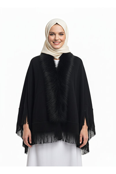 ARMİZA Poncho negru, tricotat, cu guler de blană și ciucuri