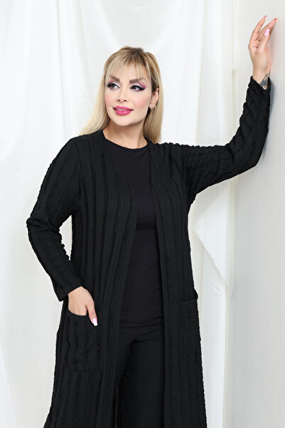 MELSAY Women's Black Knitted Pattern Plus Size Long Cardigan