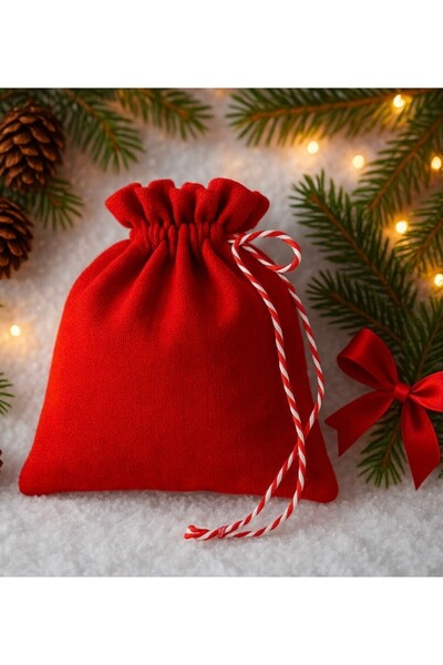 ALASEREN KADİFE DOKULU KIRMIZI KUMAŞ 17×18 CM YILBAŞI BÜZGÜLÜ HEDİYE KESESİ/Ç...