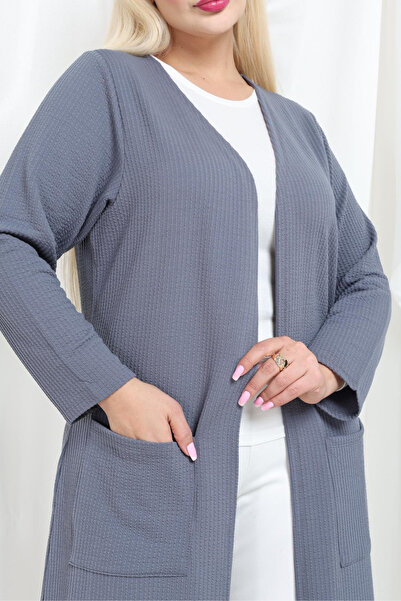 MELSAY Women's Gray Textured Knitted Fabric Plus Size Long Cardigan