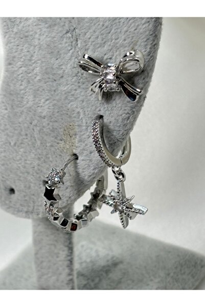 Uzak Işıklar Çelik küpe zirkon taşlı sallantılı kuzey yıldızı üçlü set