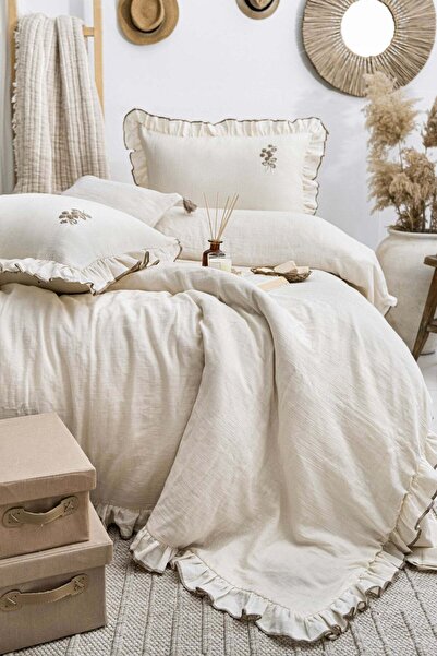 Çulha ليلي ناتشورال، 100% قطن، طقم غطاء لحاف مزدوج من الموسلين مطرز ومزين بال...