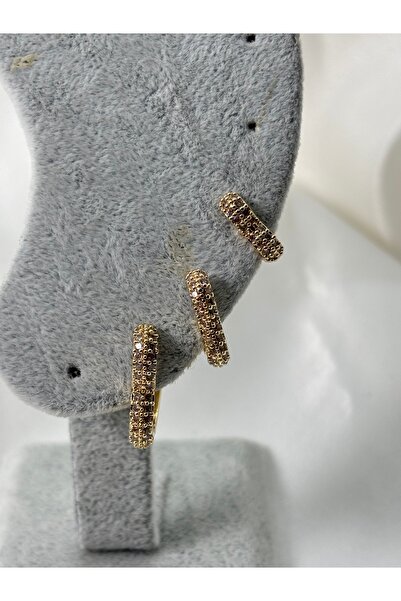 Uzak Işıklar Çelik küpe kalp model zirkon taşlı üçlü set gold