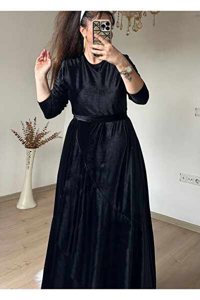 AZRA BUTİK Flounce Ruffled Velvet Dress Black