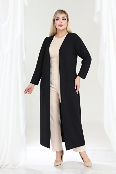 MELSAY Women's Black Textured Knitted Fabric Plus Size Long Cardigan