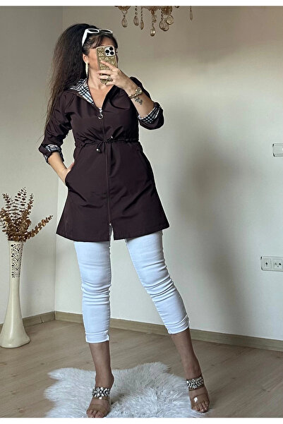 AZRA BUTİK Kısa Kare Desen Trençkot Kahve