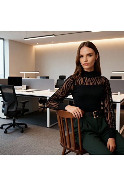 STYLENEST Women's Black Patterned Tulle Detailed Balloon Sleeve Corded Fabric Knitted Blouse