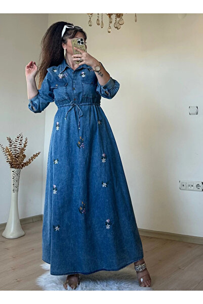 AZRA BUTİK Embroidered Denim Dress