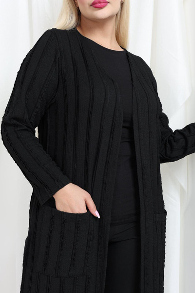 MELSAY Γυναικεία μαύρη πλεκτή μακριά ζακέτα με σχέδιο μεγάλου μεγέθους