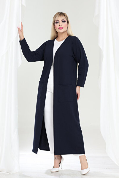 MELSAY Women's Navy Blue Textured Knitted Fabric Plus Size Long Cardigan