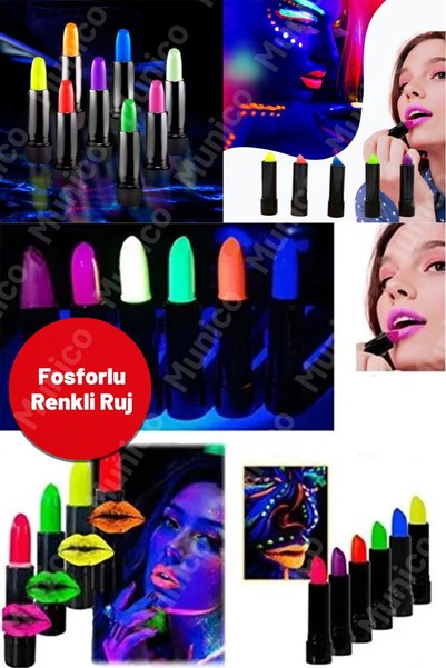 Munico UV Neon Glow Ruj ve Yüz Boyama Seti – 6 Renk | Karanlıkta Parlayan Fos...