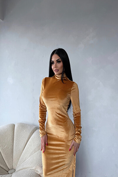 kamacibutik Fisherman Collar Velvet Pencil Dress
