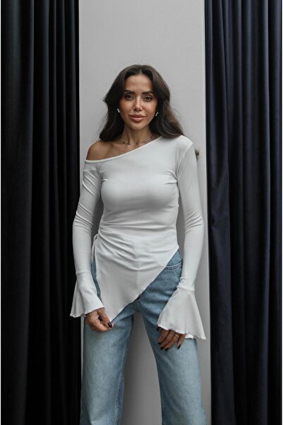 Havoş Bluză asimetrică Ekru Yanı detaliu încrețit