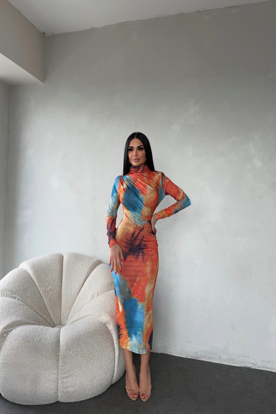 kamacibutik Turtleneck Draped Patterned Dress