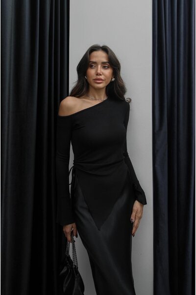 Havoş Black Side Ruched Detail Asymmetrical Blouse