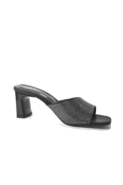 Beety Silver & Black Stone Thick Heeled Women's Evening Dress Slippers