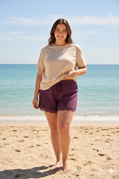 Litae Solid Color Mini Floral Pattern Combed Cotton Women's Home Shorts Leg Lace Detail Home Wear Dusty Rose