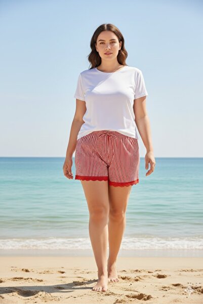 Litae Striped Combed Cotton Women's Home Shorts Leg Lace Detailed Home Wear Red