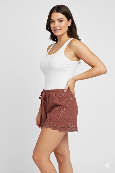 Royaleks Group Solid Color Mini Floral Pattern Combed Cotton Women's Home Shorts Leg Lace Detailed Home Wear Taba