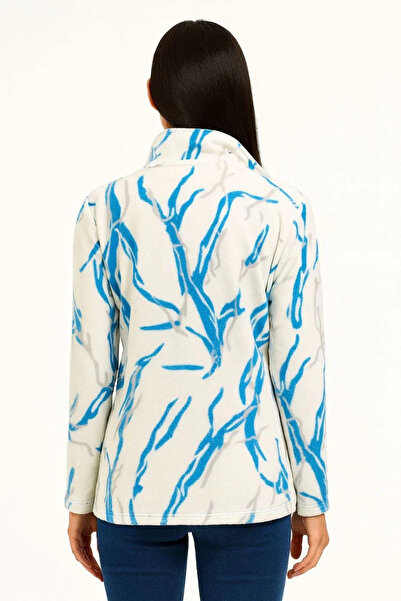 hibiscus Women's Full Zipper Patterned Fleece Sweat Lightning Pattern Collar, Long Sleeve, Oversized Comfortable Fit - B