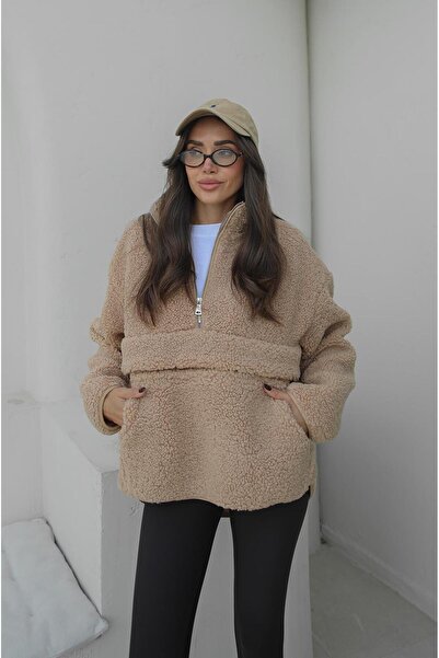 Havoş Beige Kangaroo Pocket Teddy Sweatshirt