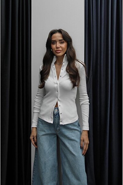 Havoş Ecru Long Sleeve Blouse with Snap Buttons on the Front