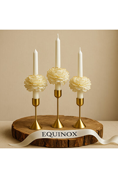 EQUINOX MUM Equinox (3’lü) Gold Şakayık Detaylı Beyaz Şamdan Mum – El Yapımı Dekoratif