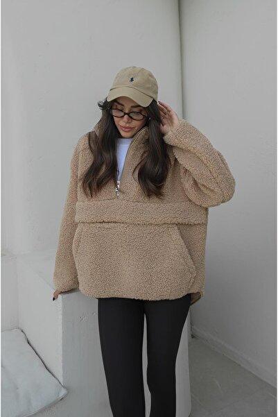 Havoş Beige Kangaroo Pocket Teddy Sweatshirt