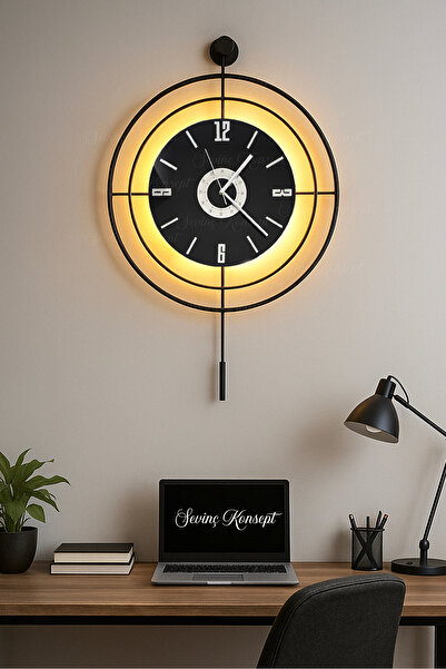 SEVİNÇ KONSEPT Led'li SİYAH Target NERO 24 (Büyük Boy 50*75 cm) Dekoratif Metal Duvar Saati