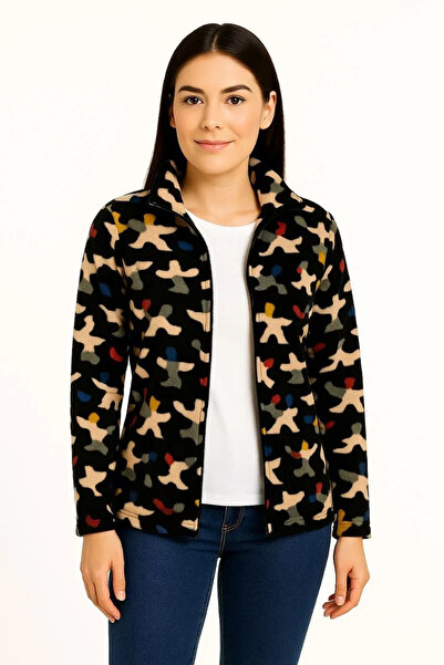 hibiscus Women's Full Zip Patterned Fleece Sweatshirt – Black Multicolor Figure Pattern Collar, Long Sleeve, Oversized