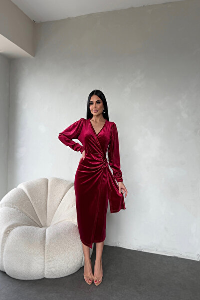 kamacibutik Double-Breasted Collar Bolon Sleeve Velvet Dress