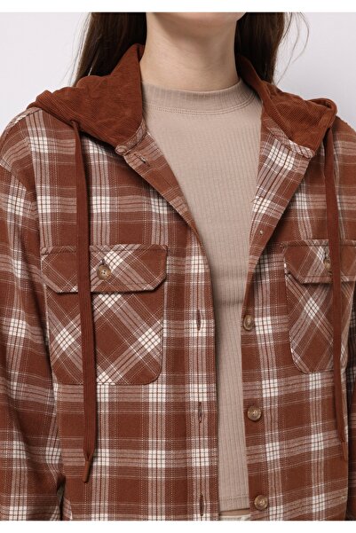 Colin's Regular Fit Kapüşonlu Ekoseli Kadın Bej Uzun Kol Gömlek