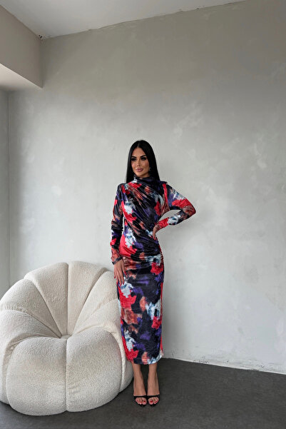 kamacibutik BALIKÇI YAKA DRAPELİ KADİFE ELBİSE