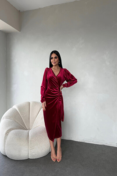 kamacibutik Double-Breasted Collar Bolon Sleeve Velvet Dress