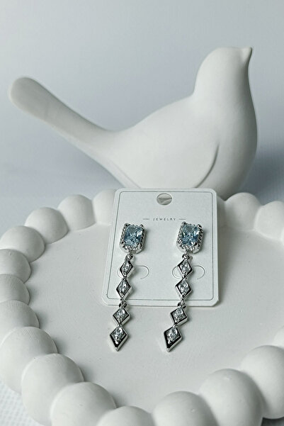 Birmem Kadın Gümüş Rengi Aquamarin Baget ve Baklava Kesim Taşlı Sallantılı Abiye Lüks Küpe