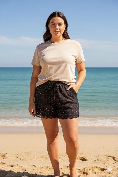 Litae Solid Color Mini Floral Pattern Combed Cotton Women's Home Shorts Leg Lace Detailed Home Wear Black