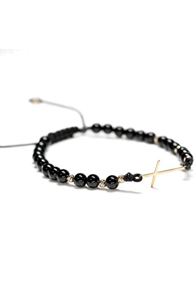 MANAVA Bracelet with 10 14k Gold balls, 14k gold cross and black onyx, adjustable