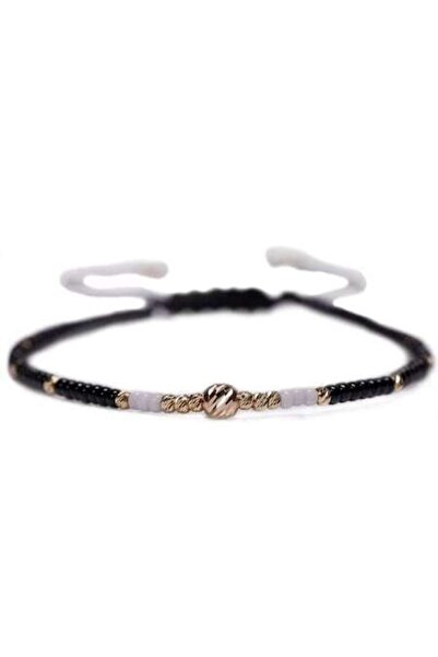 MANAVA Bracelet with 17 14k Gold balls and black and white Miyuki beads, adjustable