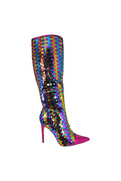 Vadodara Ghete stiletto pentru femei 10 cm, piele ecologică magenta cu paiete multicolore, mărimea 39.5