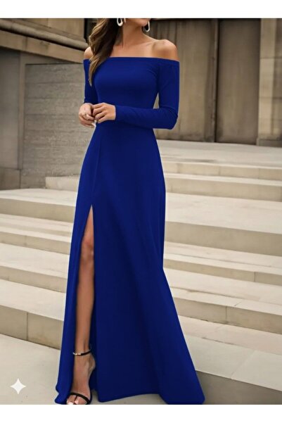 Giyimodam فستان نسائي طويل الأكمام بياقة مادونا وتفاصيل شق من الكريب المستورد