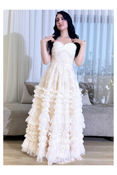 TREN Strapless Sequin Beaded Corset Gown Multi-Layer Tulle Skirt Long Formal Prom Evening Dress