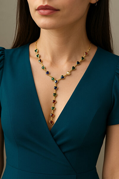 Mivra Renkli Taşlı Kalpli Y Model Çelik Kolye