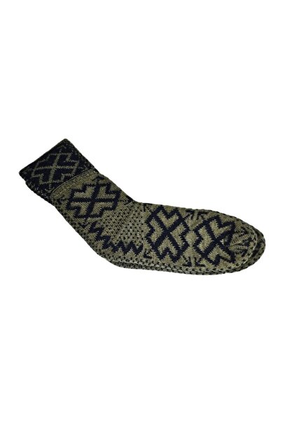 Kral - Women's Knitted Slipper Socks 'Ciupici', Wool, Ethnic Motifs, Khaki & Navy, One Size