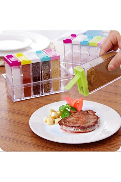 Generic The set includes 6 transparent spice jars with different colored lids, and a plastic base for organization.