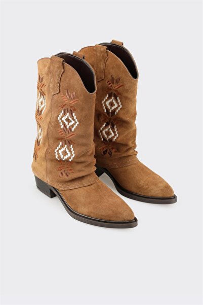 Elle Shoes Taba Deri Kadın Western Bot