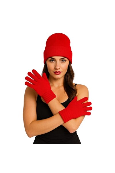 Vadodara - Women's Acrylic Knit Hat and Gloves Set, Red, One Size, Beanie with Adjustable Brim