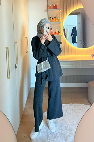 Hazamoda Κοστούμι με πτυσσόμενο μανίκι και ζώνη καπνιστό